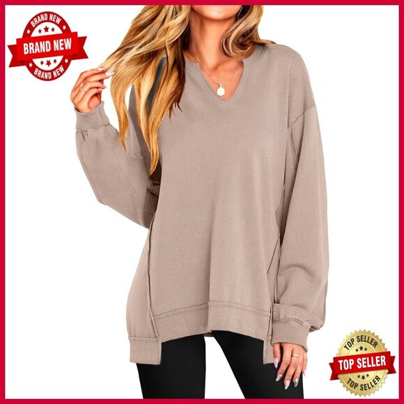 Sweaters - Oversized V-Neck Sweatshirt Tunic Pullover Long Sleeve Loose Fit